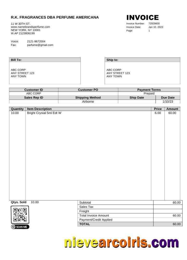 USA R.K. Fragrances DBA Perfume Americana invoice